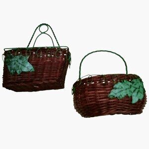 Decorative Wicker Baskets Metal Leaf Accents Twisted Handle Autumn Cottage